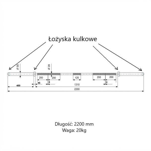 Gryf olimpijski 220 CM 20 KG | 454 KG | łożyska + 2 zaciski GO4IT
