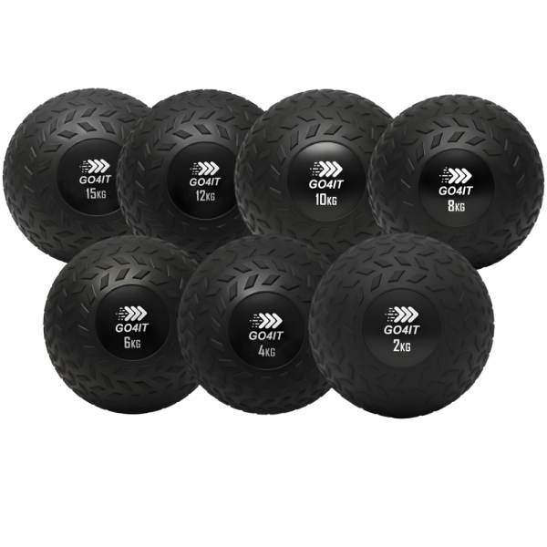 zestaw-pilek-slam-ball-go4it-57kg Komplet 7 czarnych piłek Slam Ball GO4IT o łącznej wadze 57 kg z antypoślizgowym bieżnikiem